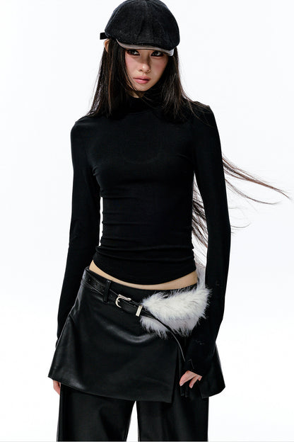 Large Hollow-Out Pearl Chain High-Neck Knit Top
