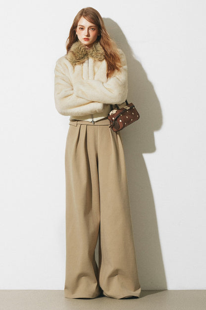Dünne Wollhose mit asymmetrischem Bund und weitem Bein