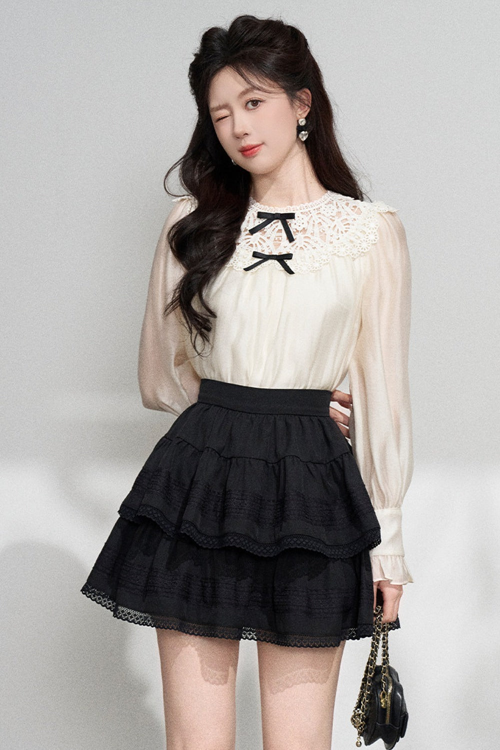 Apricot Lace Long-Sleeve Shirt and Skirt Set-Up