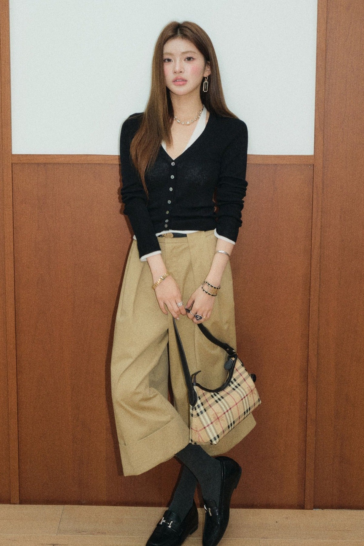 Color-Block Layered-Look Wool Knit Top and Khaki Pants Set-Up
