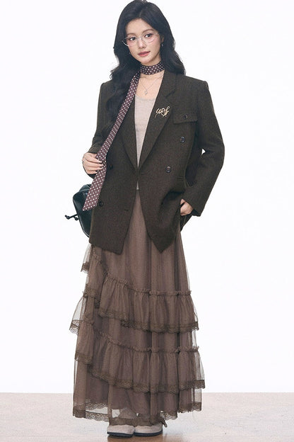 Woolen Blazer and Mesh Skirt Set-Up