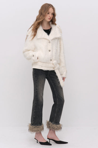 Faux Fur Diagonal Placket Tie Waist Jacket