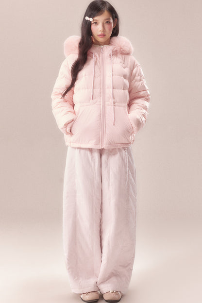 Heart Quilted Fur Collar Hooded Jacket