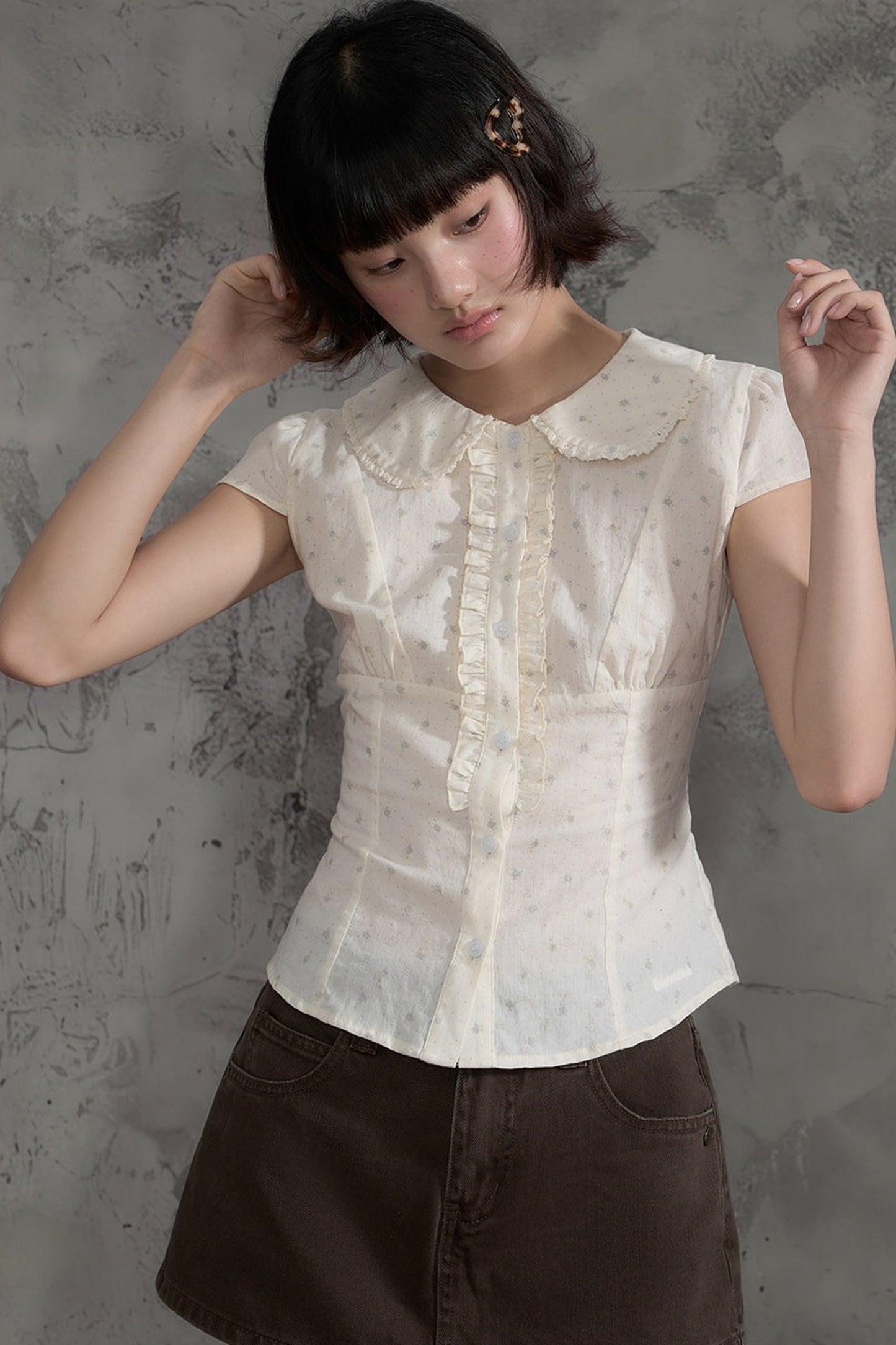Floral Ruffle Doll Collar Blouse and Skirt Set-Up