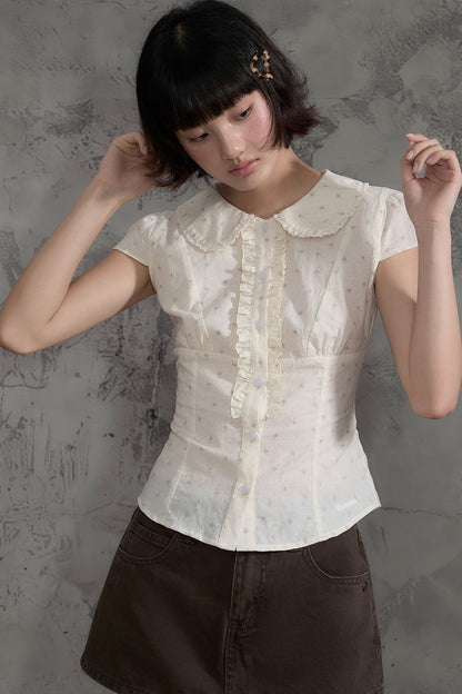 Floral Ruffle Doll Collar Blouse and Skirt Set-Up