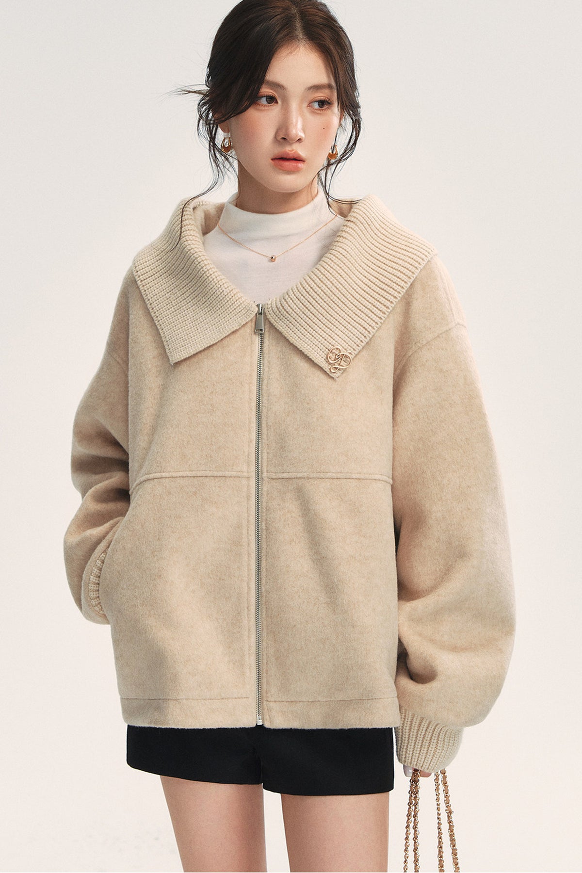 Knitted Large Lapel Patchwork Woolen Jacket