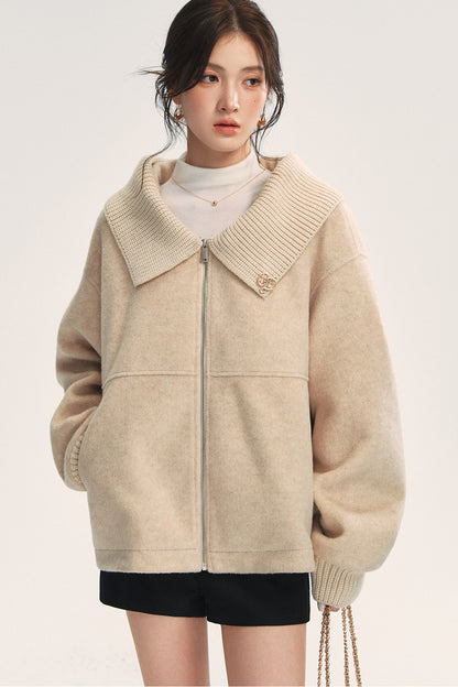 Knitted Large Lapel Patchwork Woolen Jacket