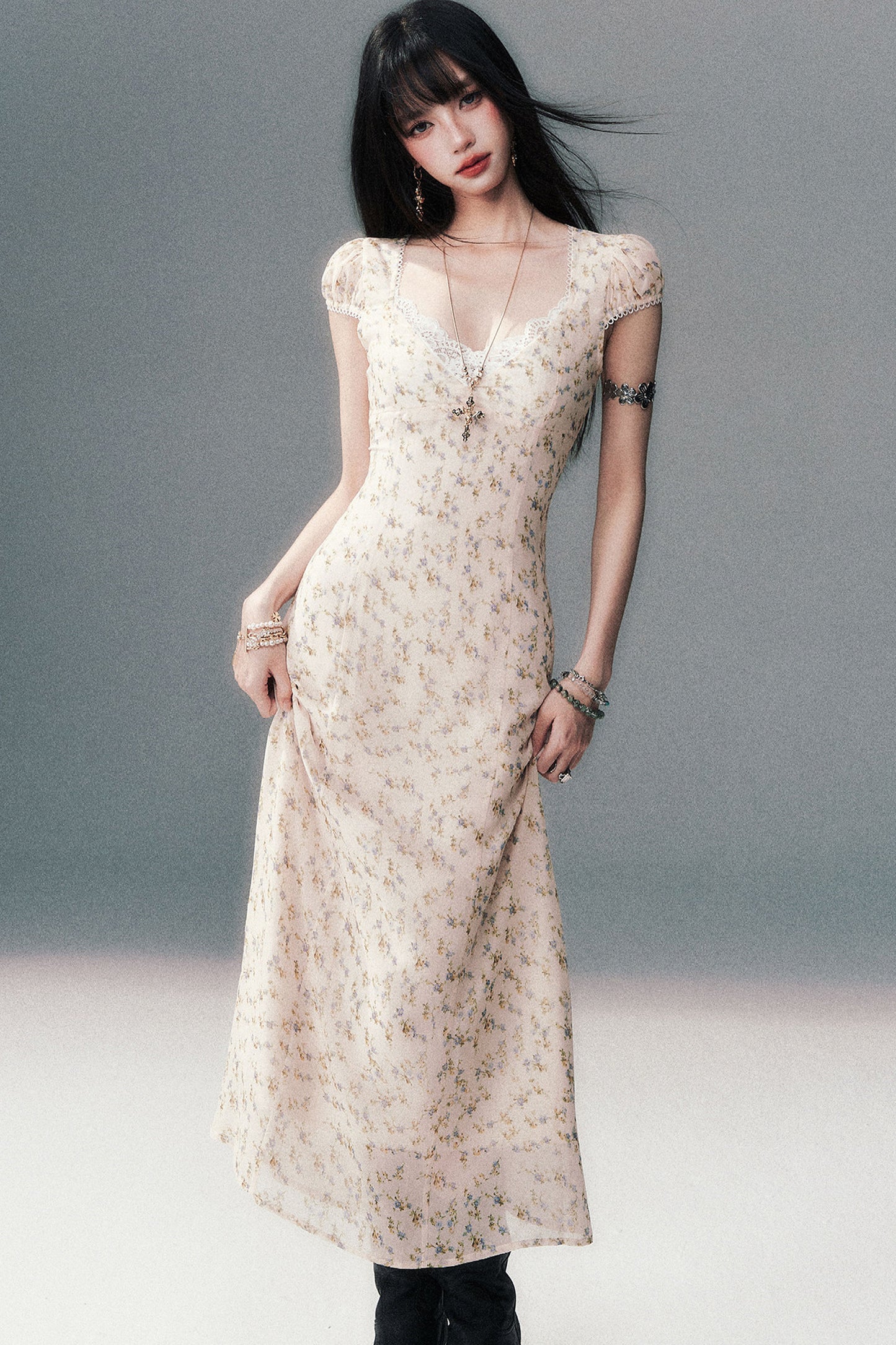 Light Yellow Floral Lace V-Neck Long Dress