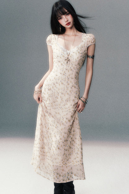 Light Yellow Floral Lace V-Neck Long Dress