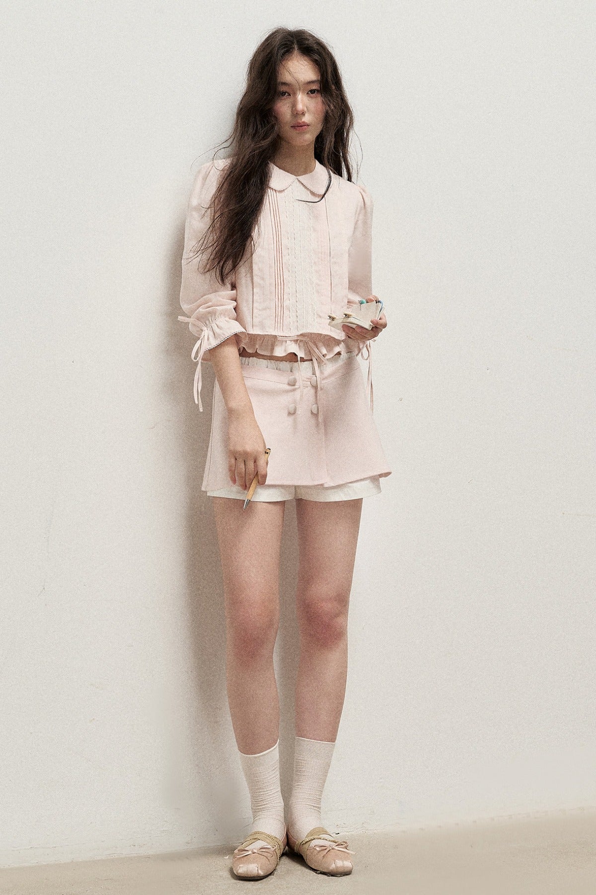 Lyocell Linen Tuck Pleat Shirt and Skirt Set-Up