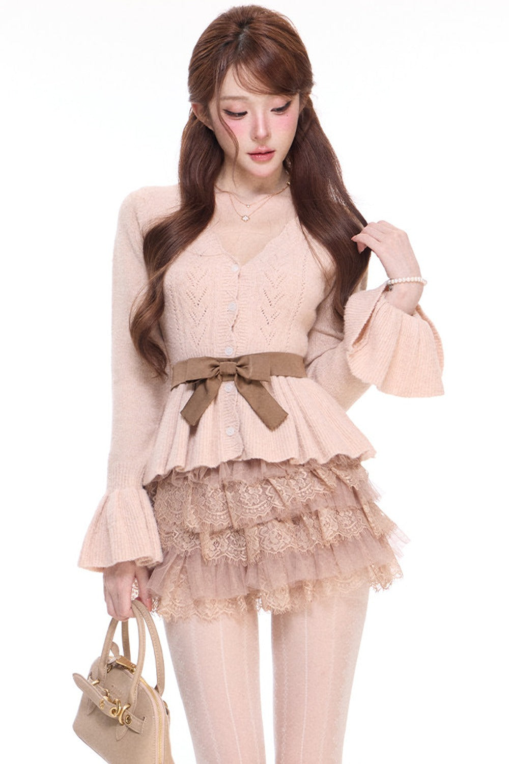 Bell-Sleeve Cardigan and Bow Belt Puffy Skirt Set-Up