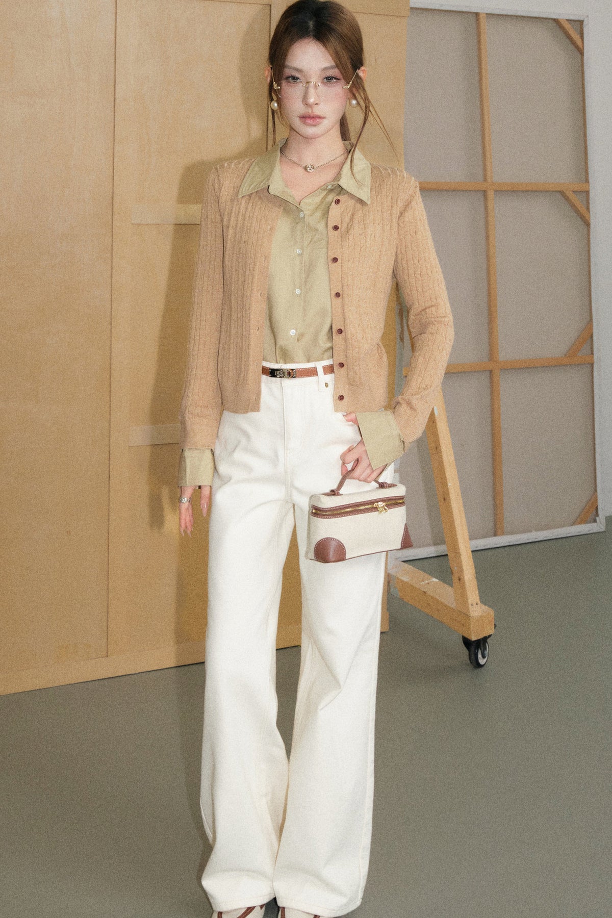 Cable-Knit Layered-Look Sweater and White Jeans Set-Up
