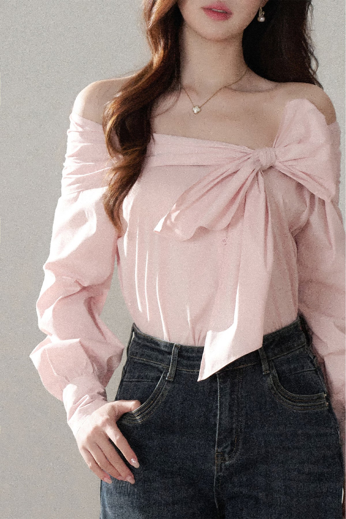 One-Shoulder Bow Long Sleeve Blouse