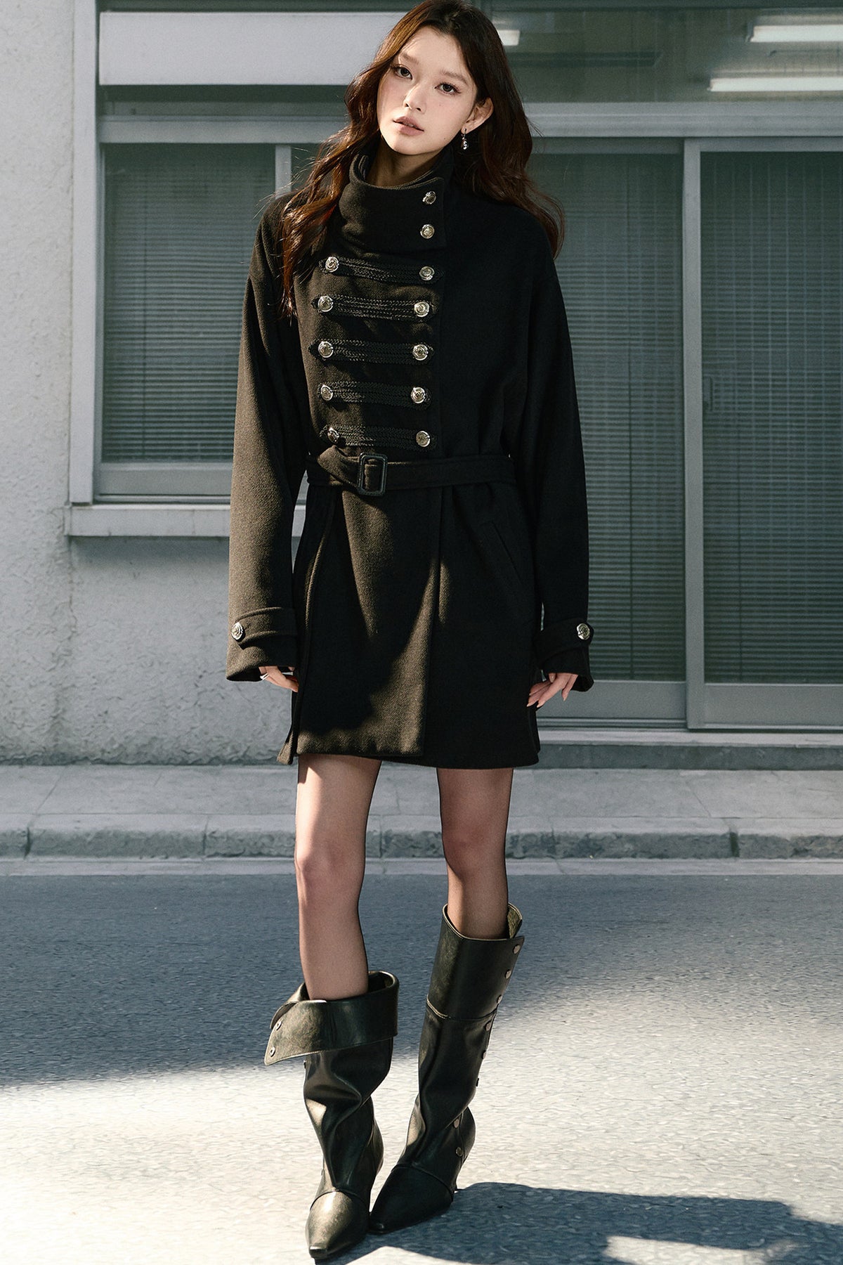 Double-Breasted Drop Shoulder Belted Woolen Coat