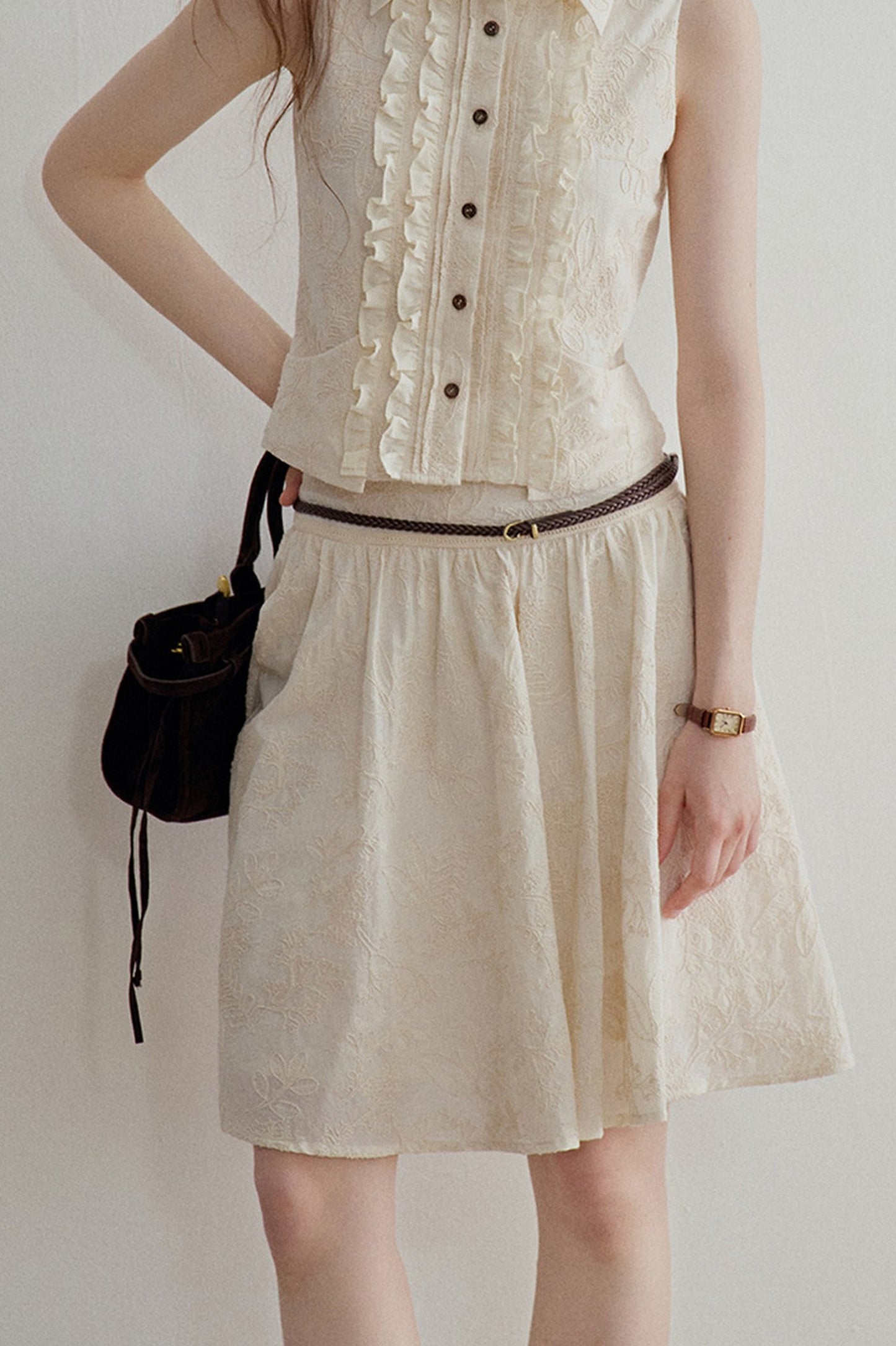 Ruffle Sleeveless Shirt Vest and Skirt Set-Up