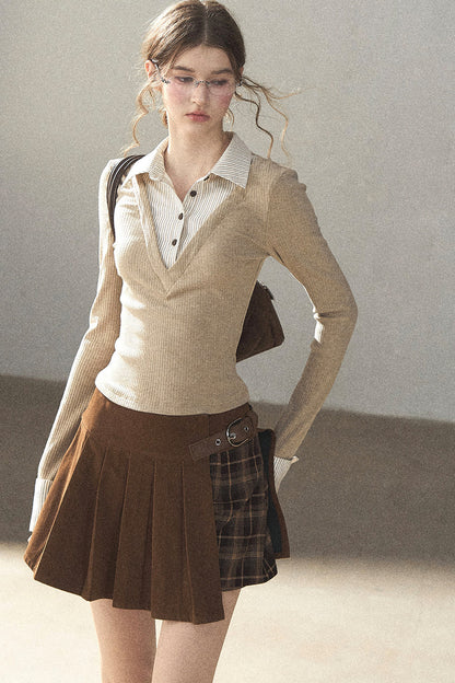 Layered-Look Polo Collar Striped Knit T-Shirt