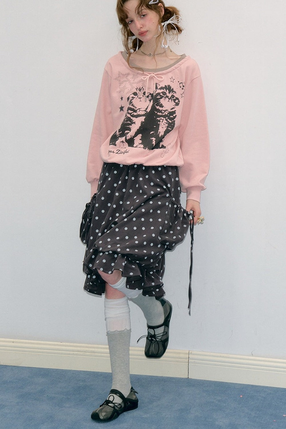 Pink Cat Print Tie Neck Sweatshirt