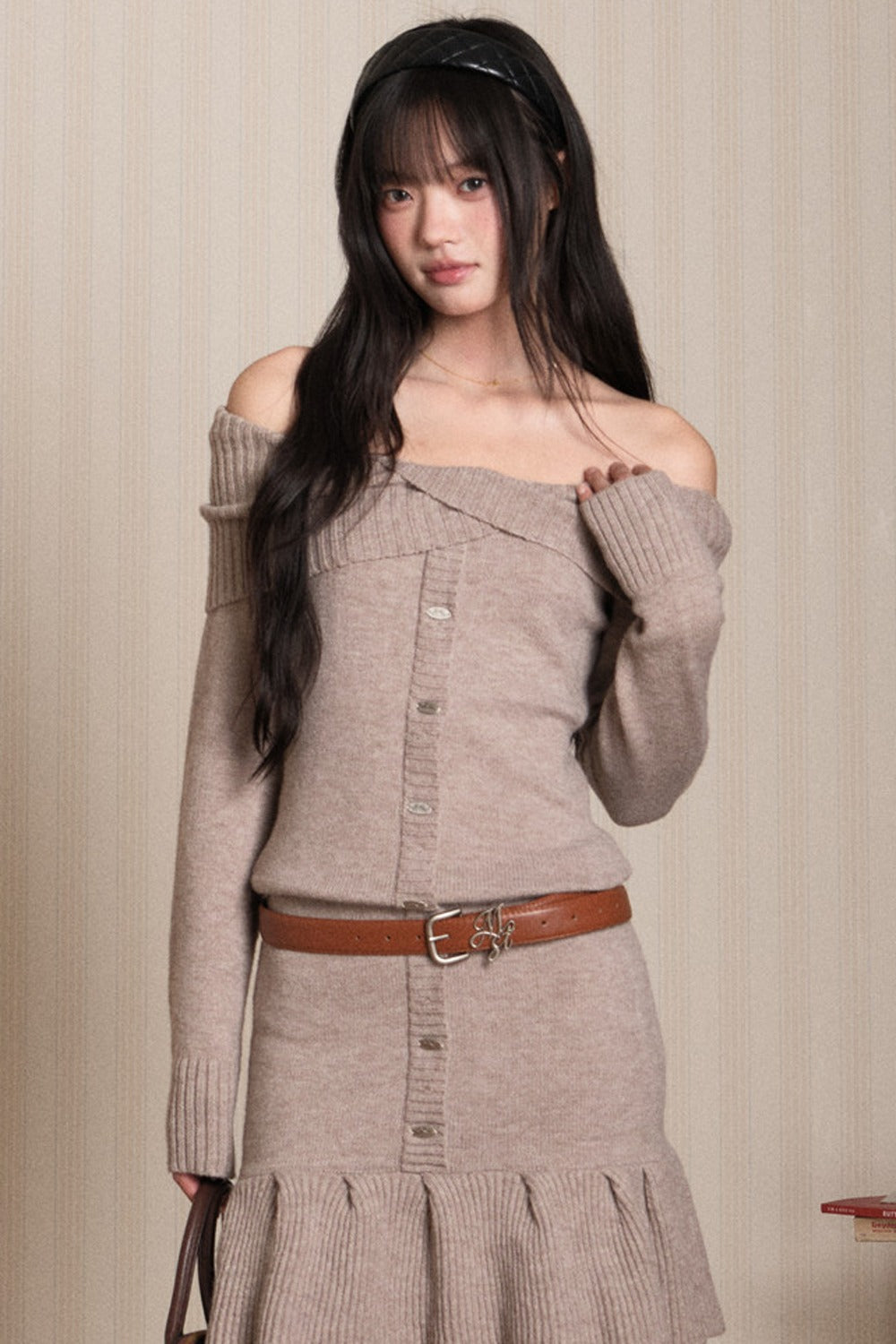 Ruffled Off-Shoulder Knit Dress