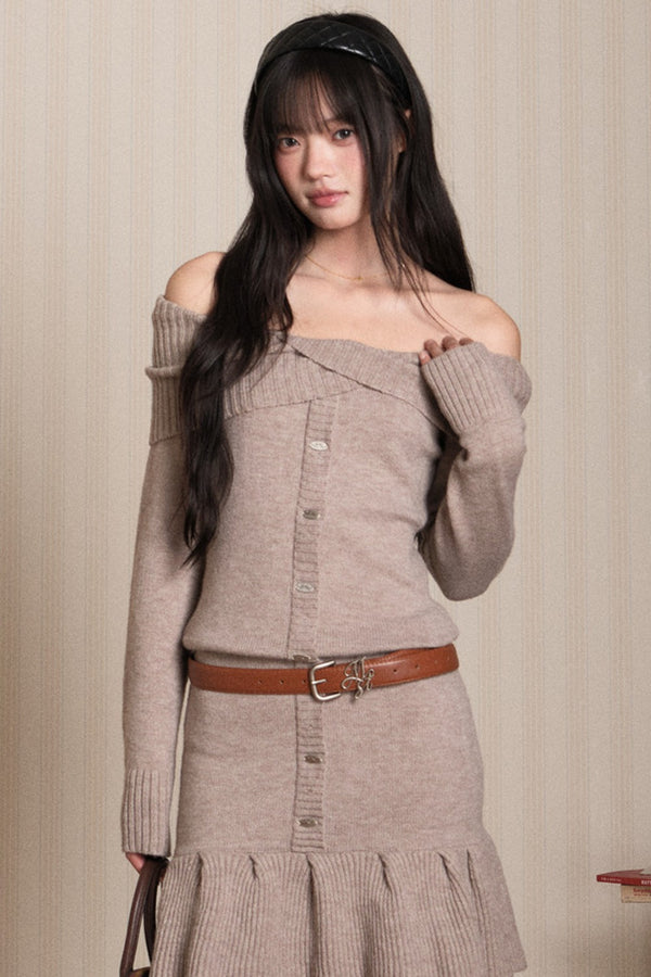 Ruffled Off-Shoulder Knit Dress