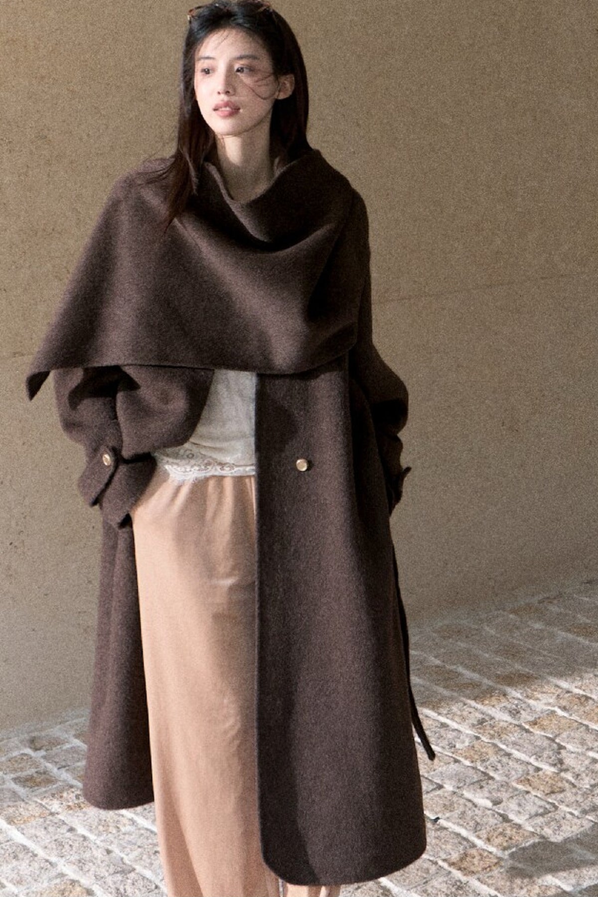 Double-Sided Wool Scarf Collar Coat