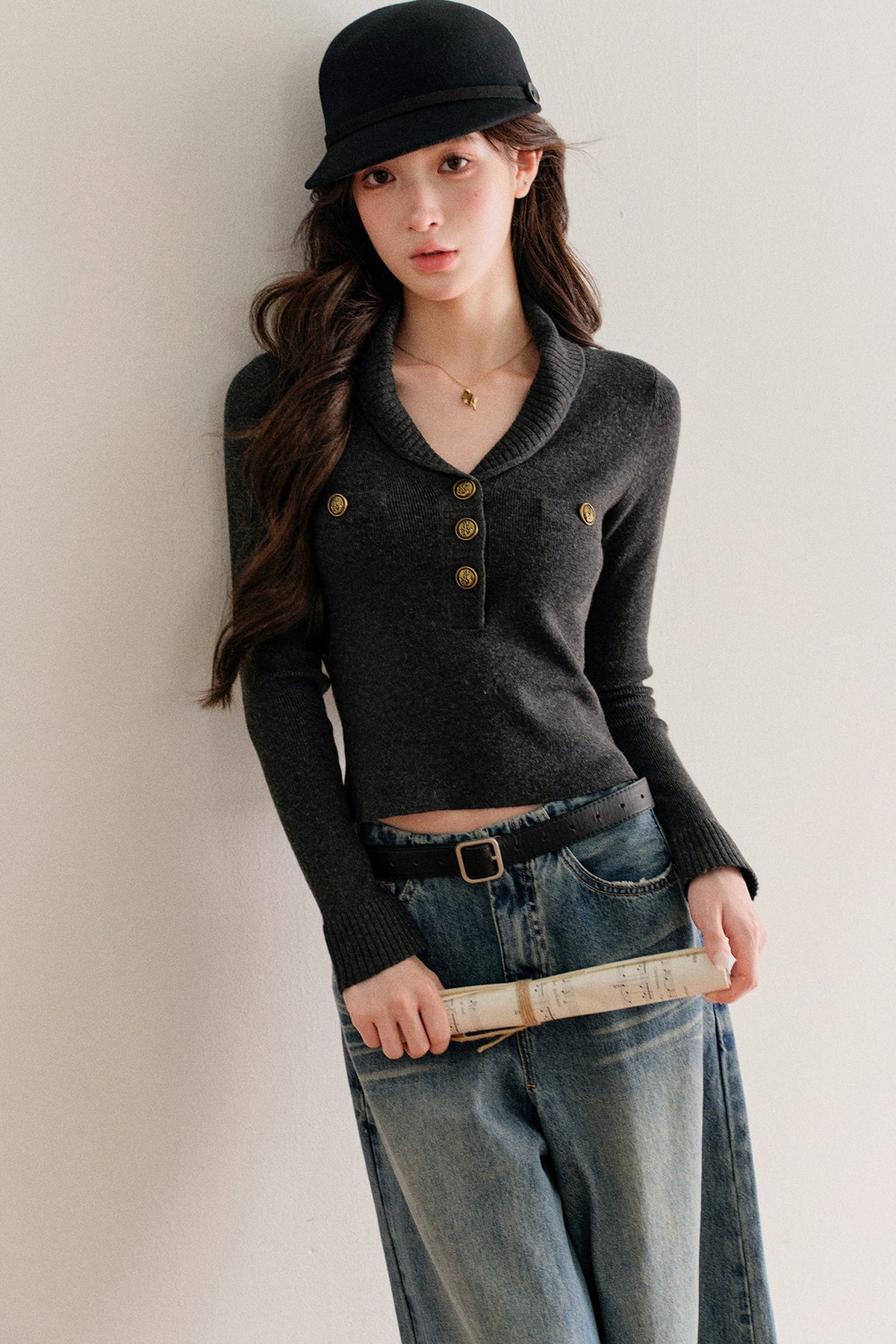 Half-Button Shawl Collar Wool-Blend Knit Sweater