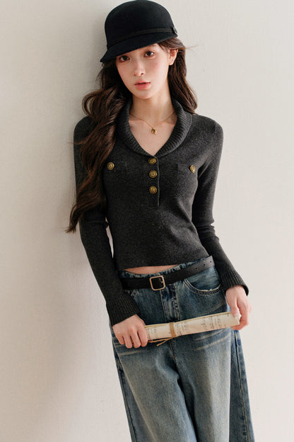 Half-Button Shawl Collar Wool-Blend Knit Sweater