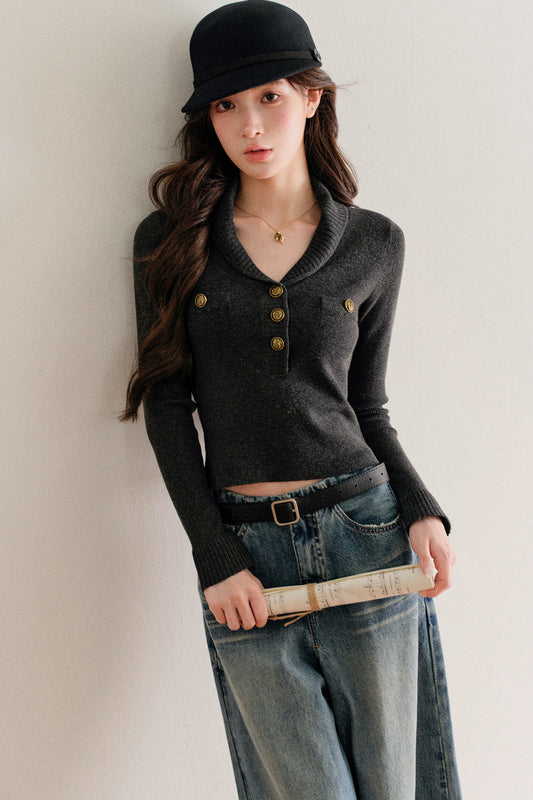 Half-Button Shawl Collar Wool-Blend Knit Sweater