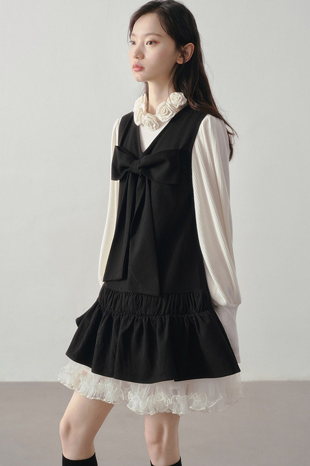 Bow Decorated Ruffle Dress