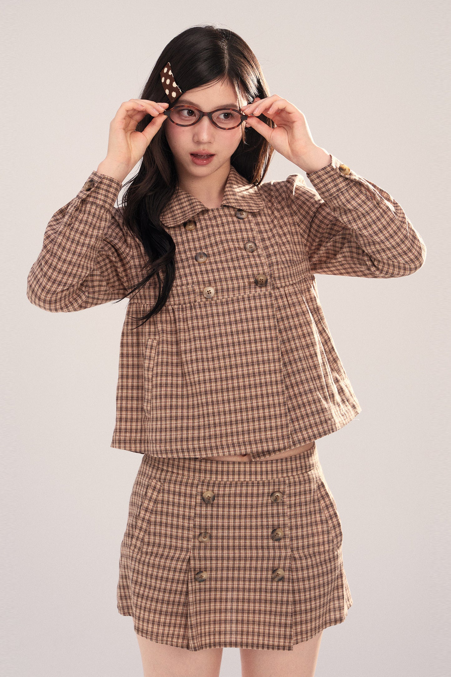 Long-Sleeved Plaid Shirt and Skirt Set-Up
