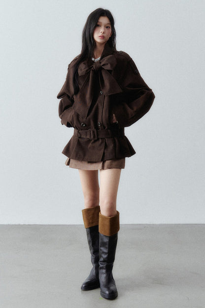 Bow Tie Low-Waist Cotton Trench Coat