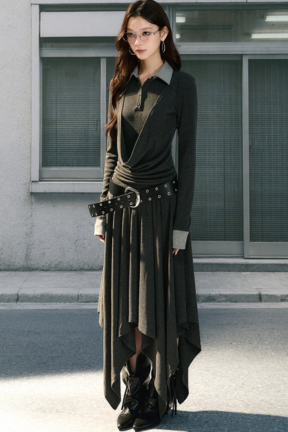 Gray Polo Collar Knitted Long Dress