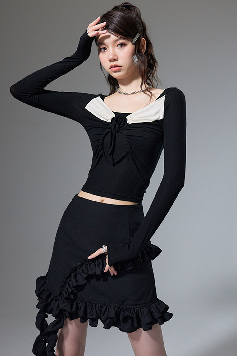 Square Neck Color-Block Knit Top and Skirt Set