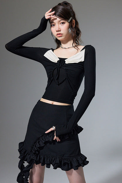 Square Neck Color-Block Knit Top and Skirt Set