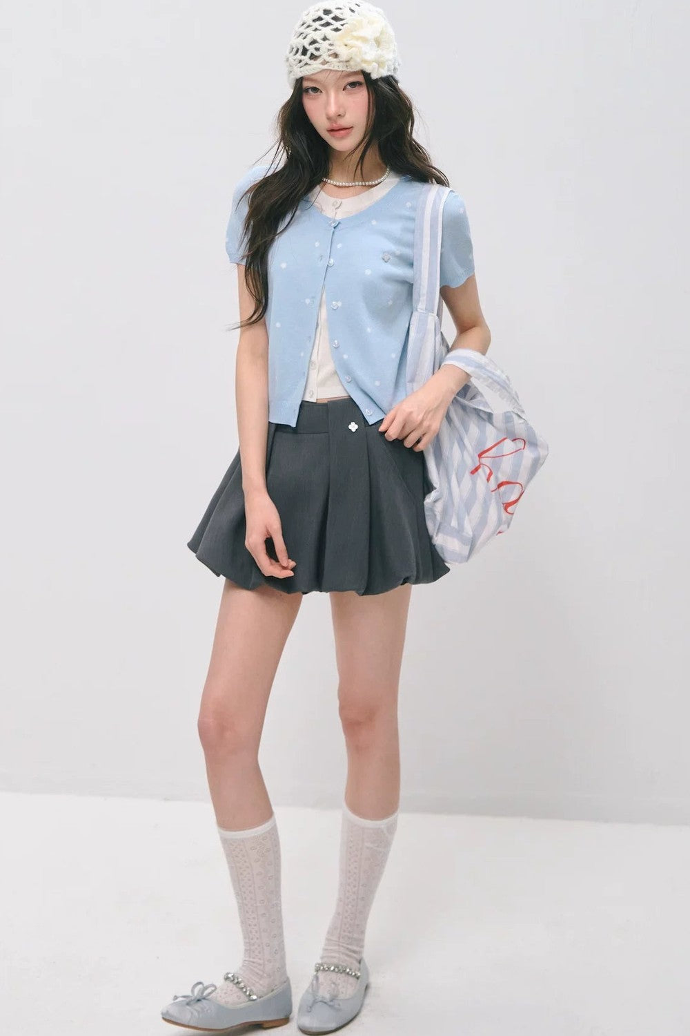 폴카 도트 니트 반소매 탑