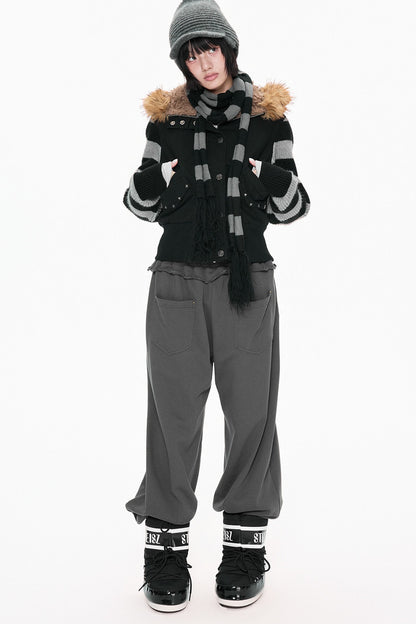 Fur Collar Hooded Striped Jacket