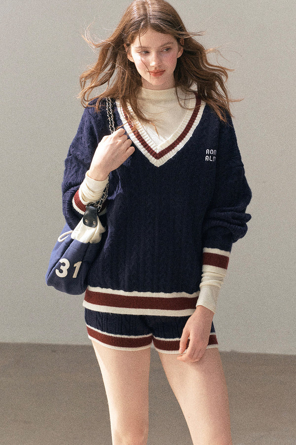 College Style Knit Sweater and Knit Shorts Set-Up