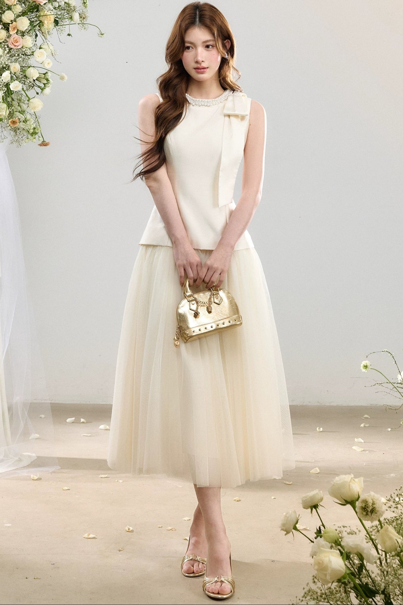 Sleeveless Waist-Cinching Tulle Skirt Dress