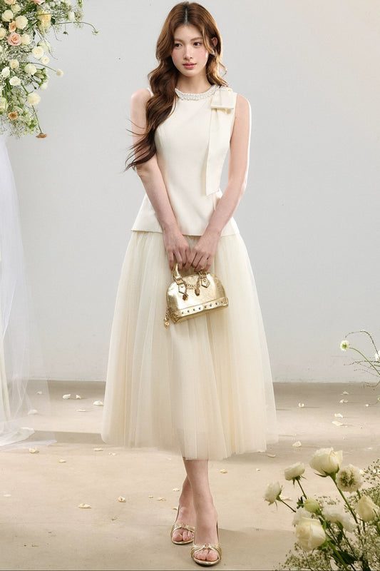 Sleeveless Waist-Cinching Tulle Skirt Dress