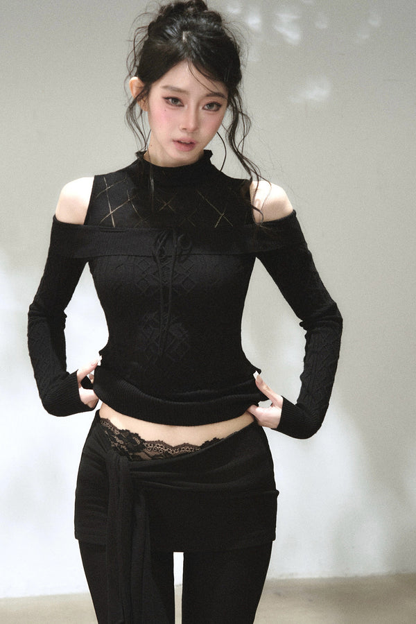Hollow-Out Off-Shoulder Diamond Knit Top