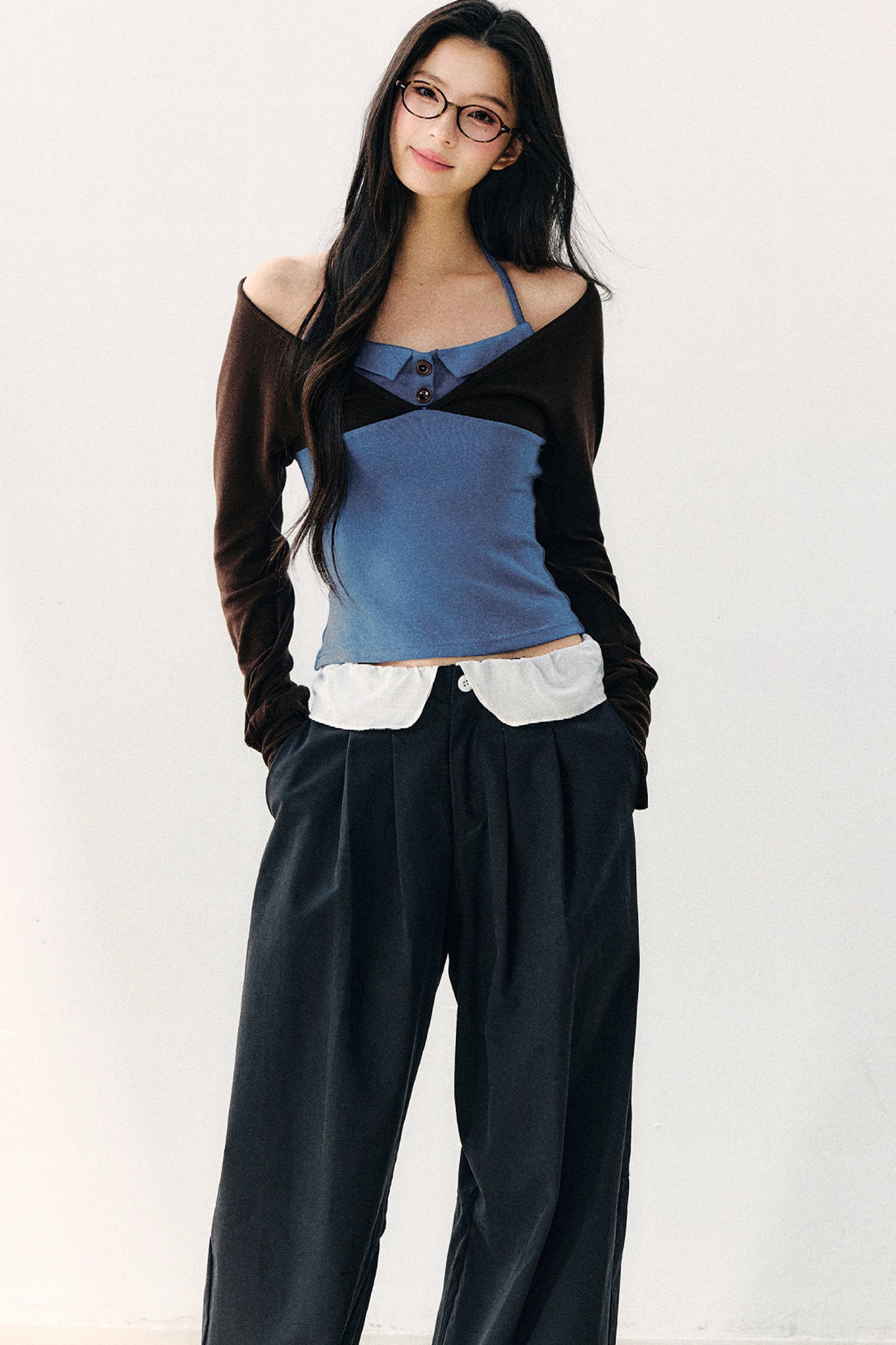 Color Block Halter Collar Long Sleeve Top