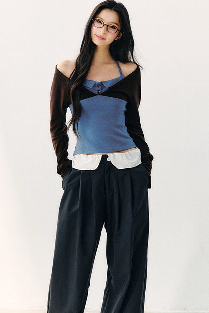Color Block Halter Collar Long Sleeve Top
