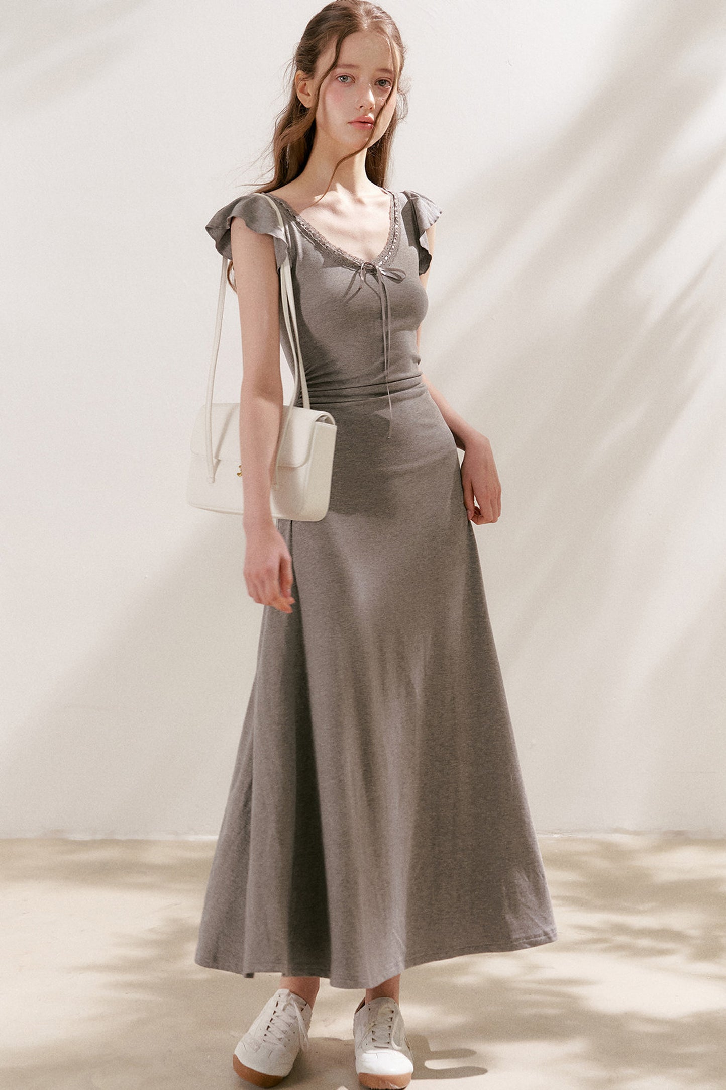 Bow Tie V-Neck Flutter Sleeve Maxi Dress