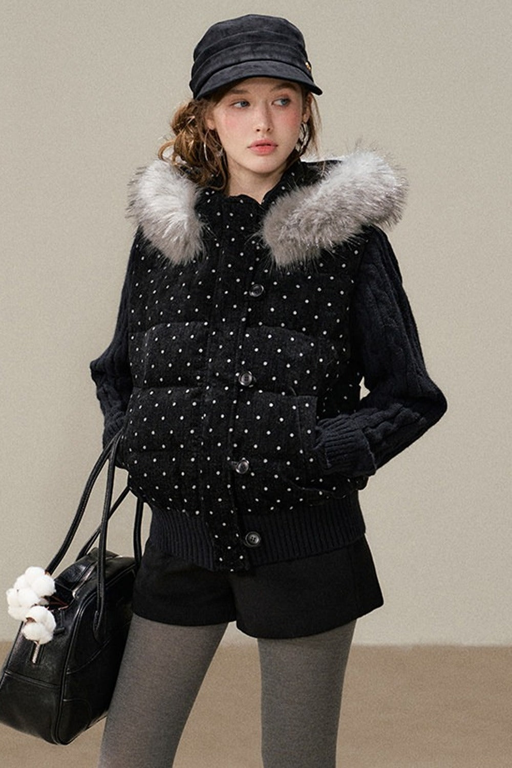 Black Chenille Polka Dot Hooded Down Jacket
