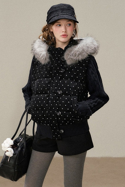 Black Chenille Polka Dot Hooded Down Jacket