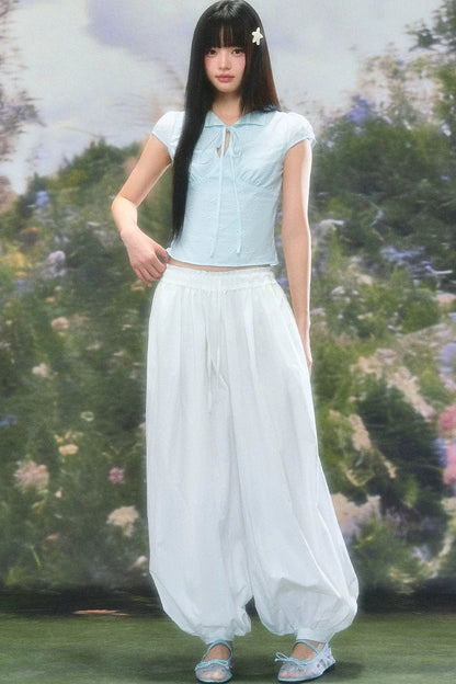 Sweet Girl Lace-Up Puff Sleeve Blouse Set-Up