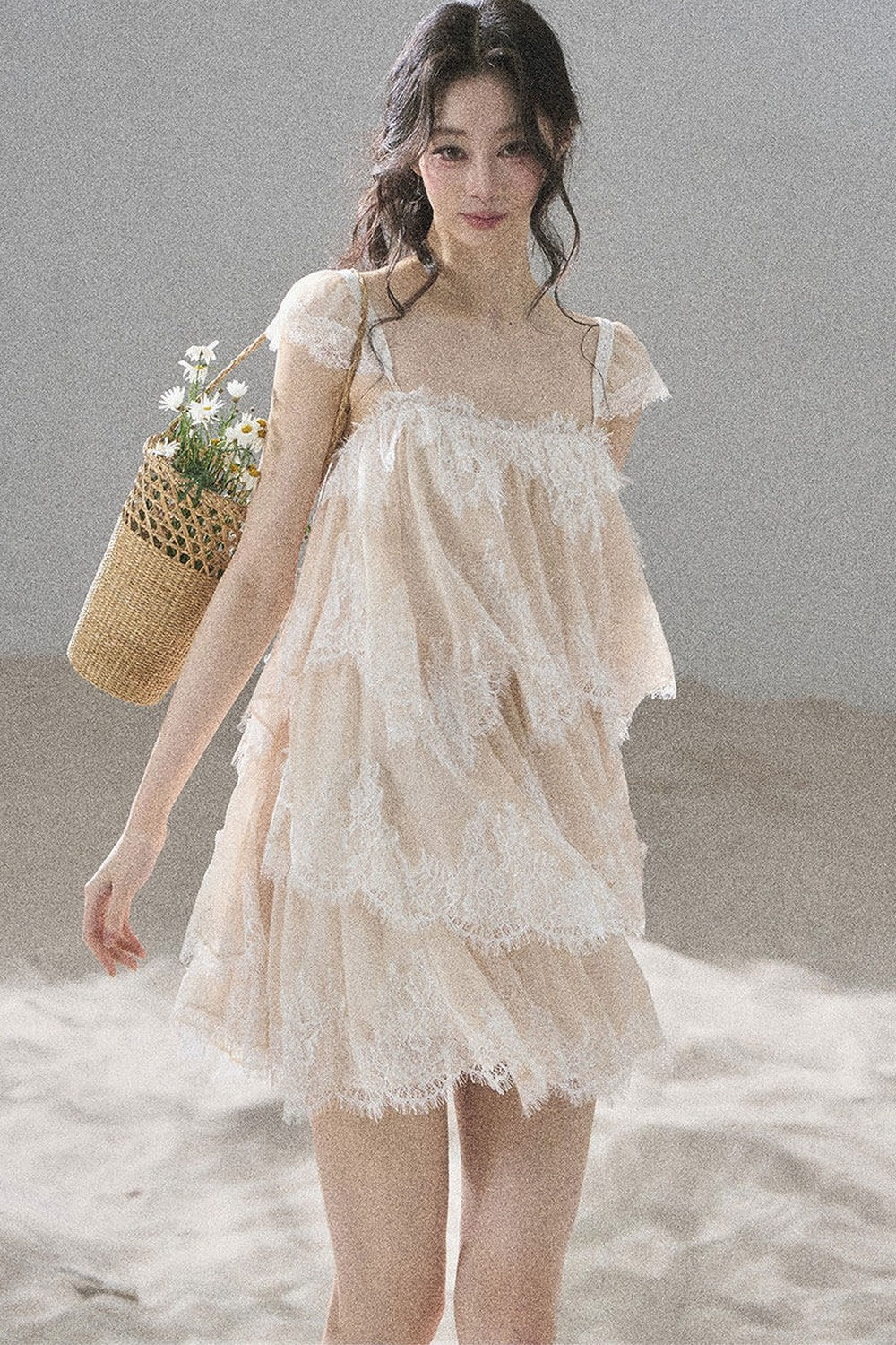 Asymmetric French Lace Mesh Top Set