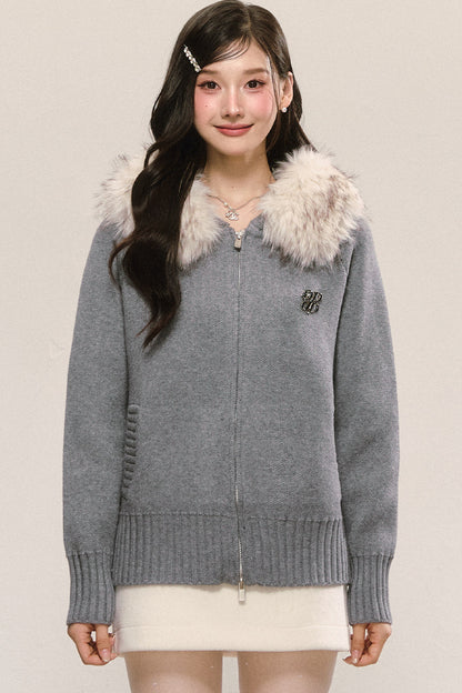 Detachable Fur Collar Hooded Knit Cardigan