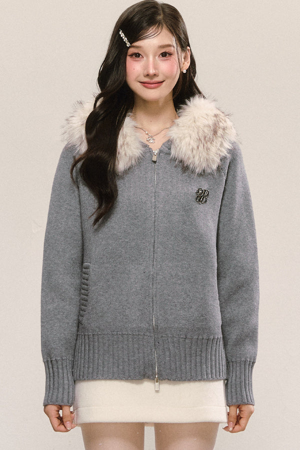 Detachable Fur Collar Hooded Knit Cardigan