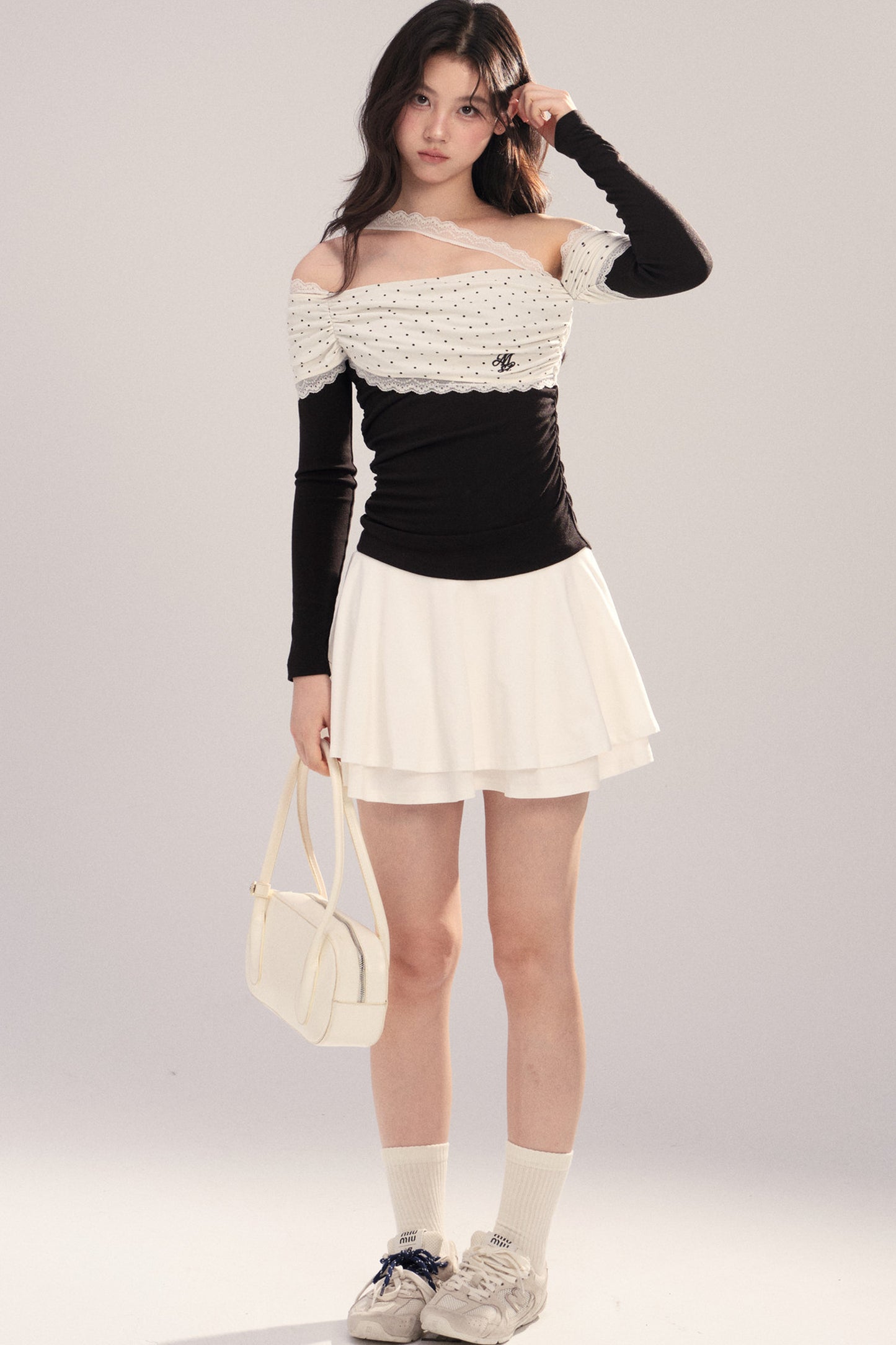 Polka Dot Spliced Lace Off-Shoulder T-Shirt