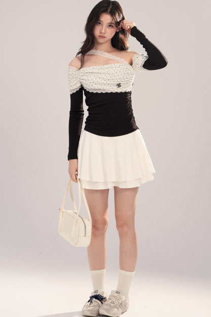 Polka Dot Spliced Lace Off-Shoulder T-Shirt